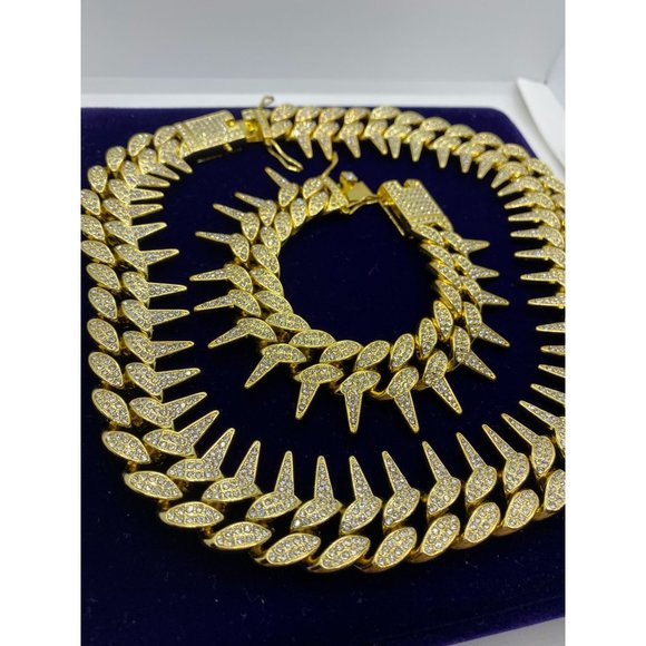 25mm Diamond Iced Out Two Row Spiked Chain Necklace-Bracelet Set - Picture 2 of 4